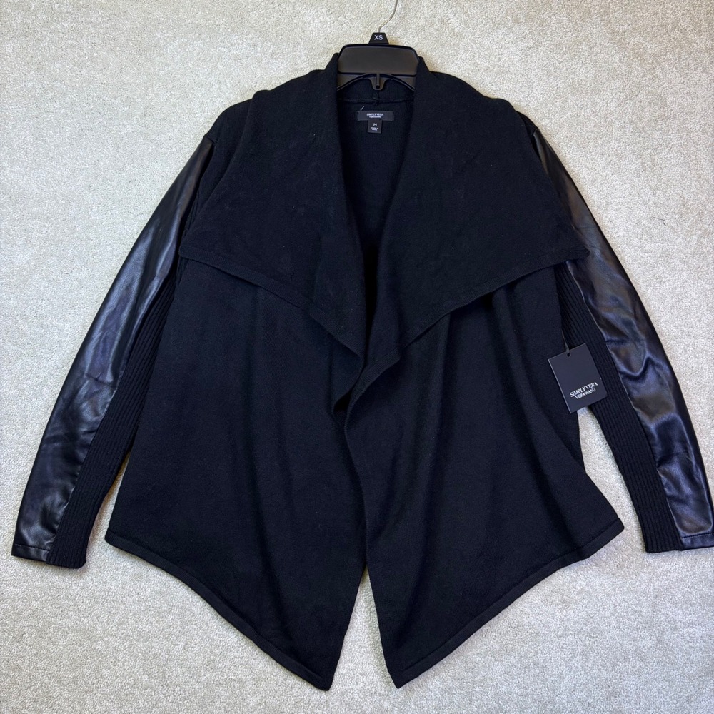 Simply Vera Vera Wang Cardigan Womens Medium Black Faux Leather Sleeve Chic READ